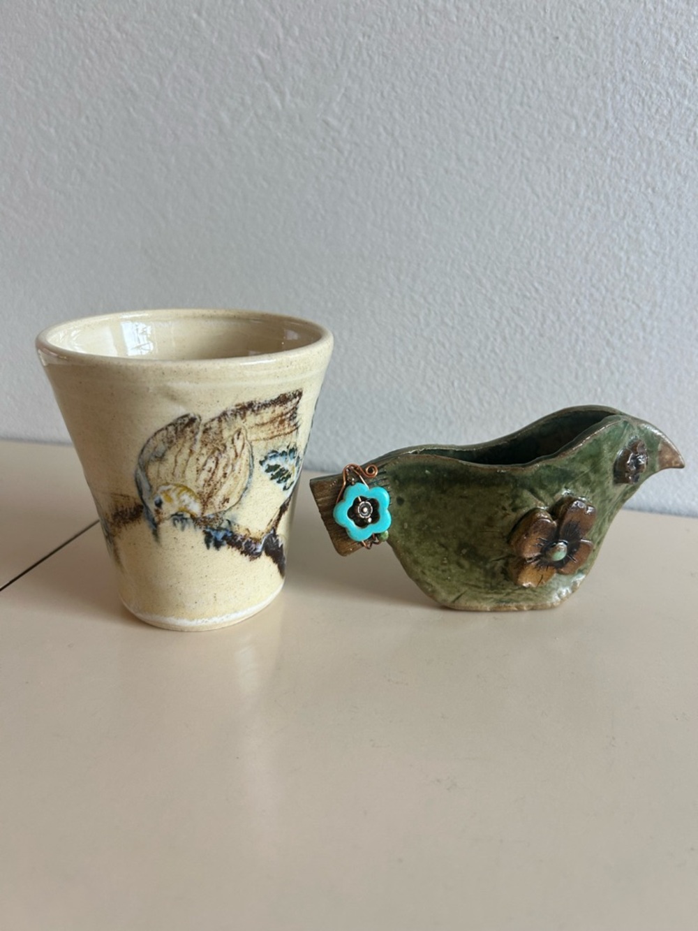 Bird Lover Handcrafted Ceramic Planter Pocket Green & Cream Mug Cup Vase